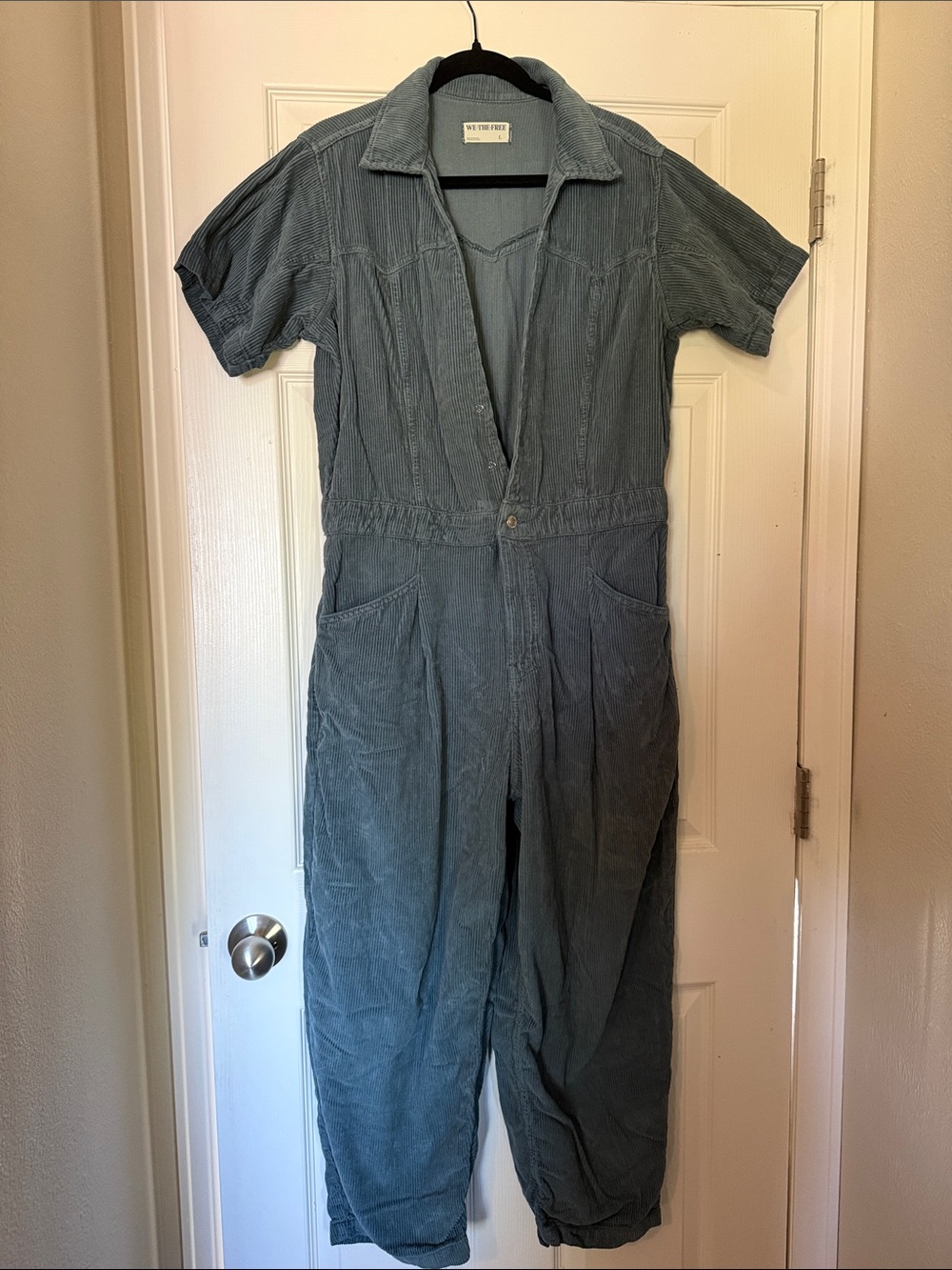 We The Free Washed Blue Corduroy Short-Sleeve Jumpsuit